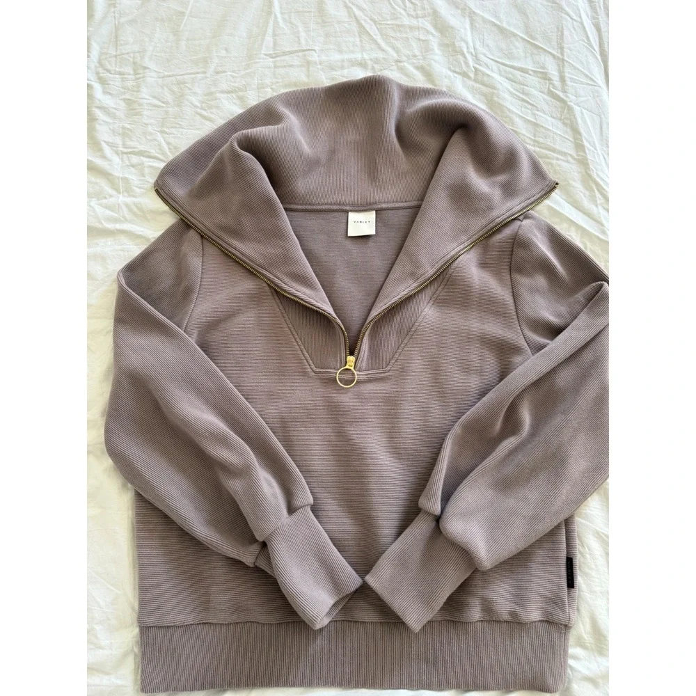 Varley Vine Half Zip Pullover Large Taupe Ribbed Funnel Neck Quiet Luxury